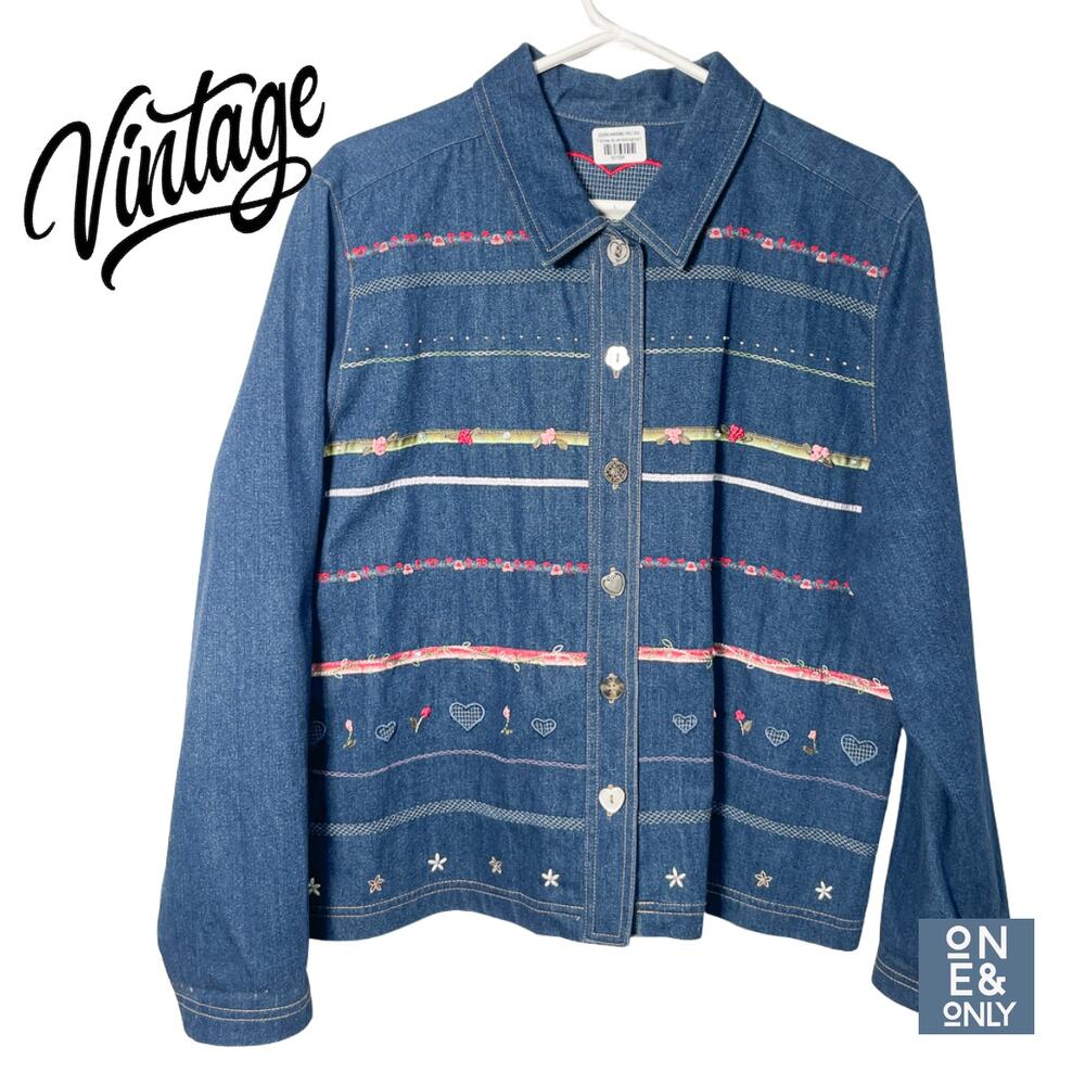 KORET CITY BLUES Vintage Embroidery Ribbon Details Denim Button Up Jacket Large